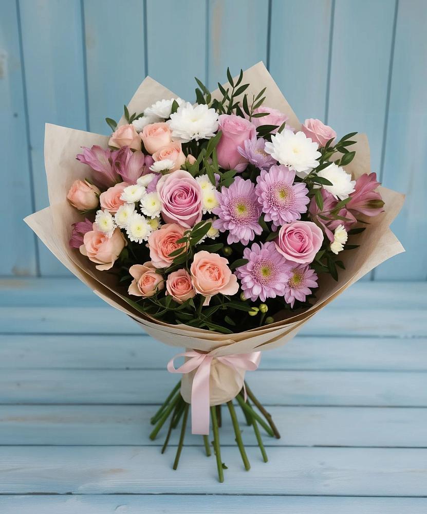 Букет цветов из: Хризантемы, Розы и Альстромерии в Сергиевском Ставропольского края