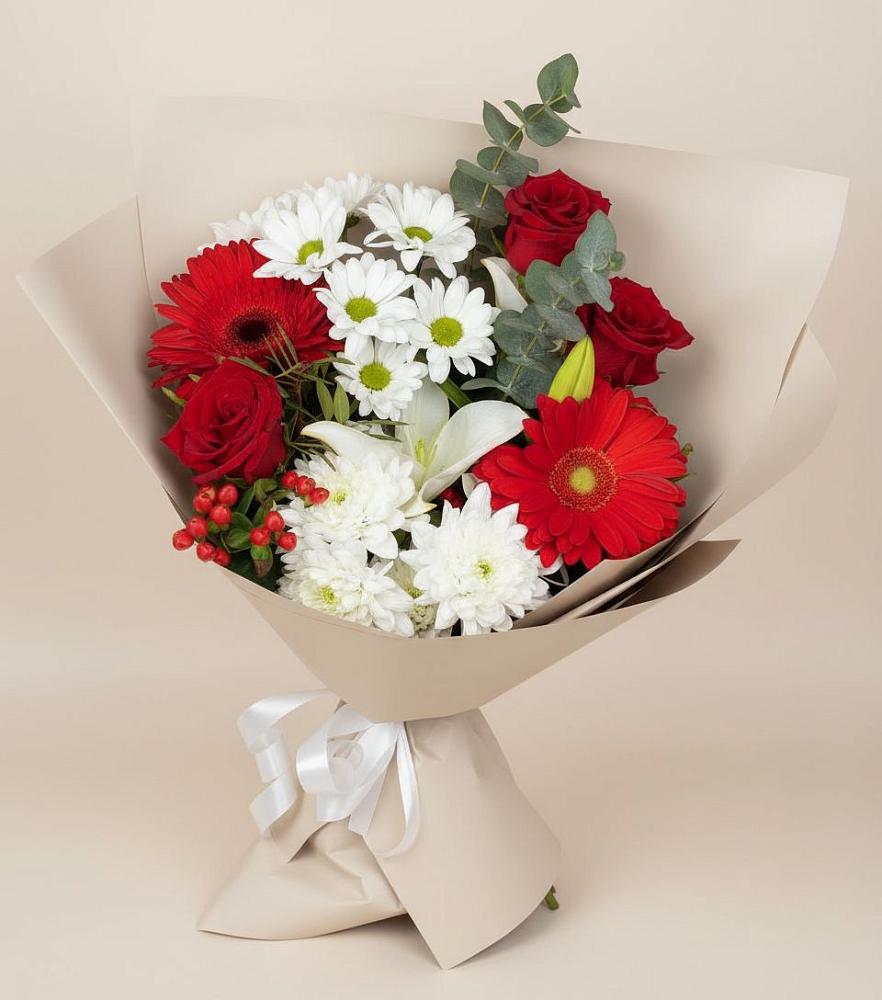 Букет цветов из: Розы, Хризантемы, Герберы и Лилии в Сергиевском Ставропольского края